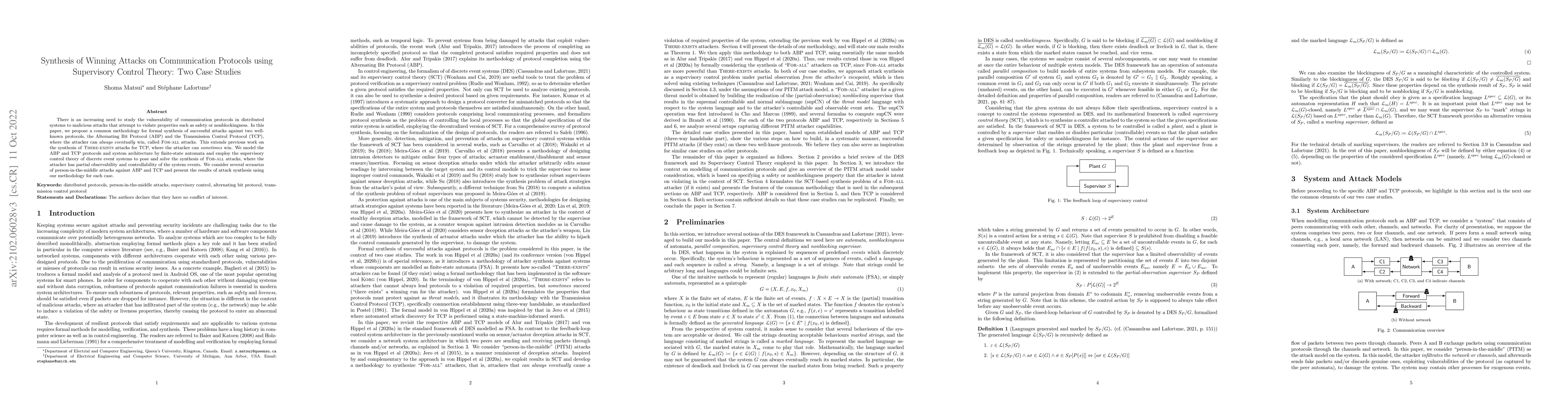 Thumbnail for Synthesis of Winning Attacks on Communication Protocols using
  Supervisory Control Theory: Two Case Studies
