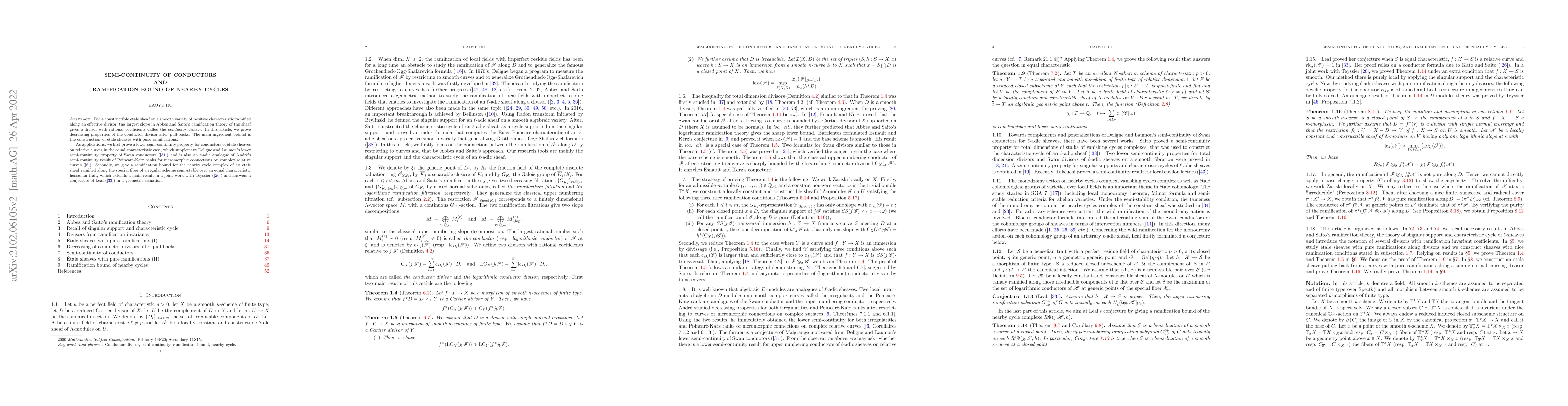 Thumbnail for Semi-continuity of conductors, and ramification bound of nearby cycles
