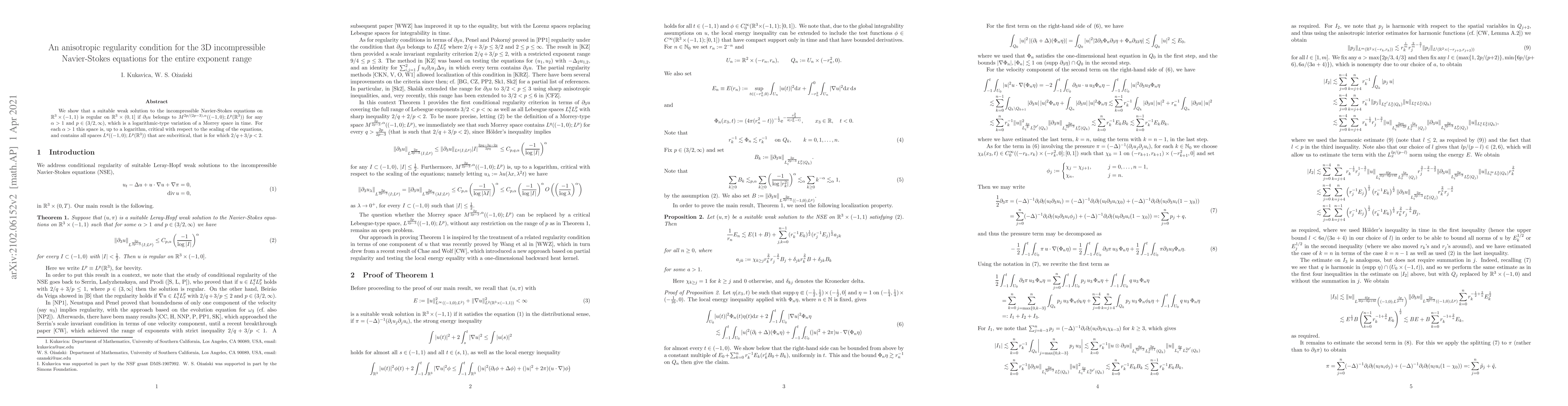 Thumbnail for An anisotropic regularity condition for the 3D incompressible
  Navier-Stokes equations for the entire exponent range