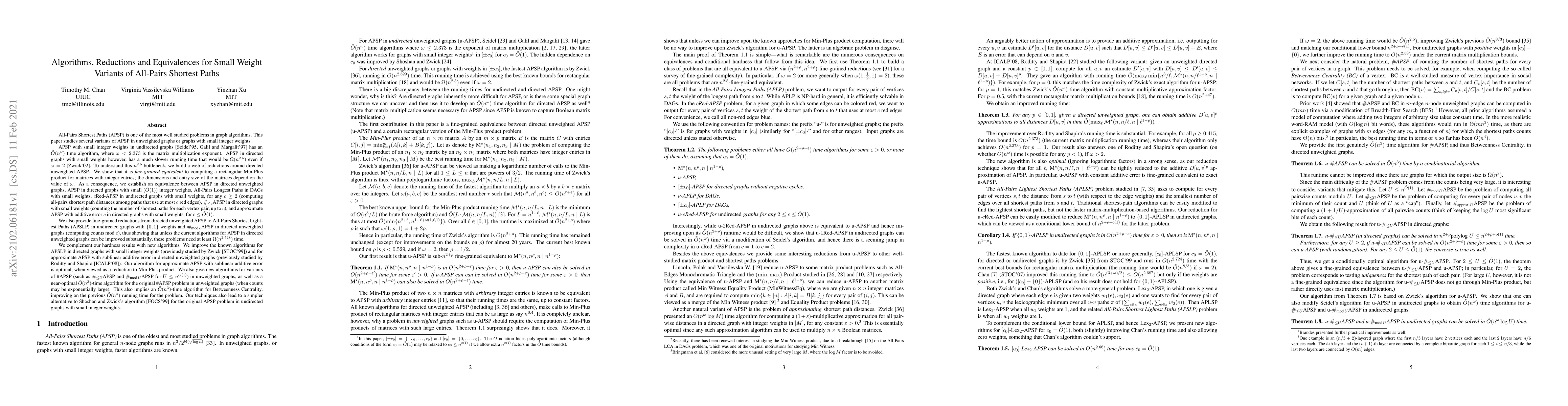 Thumbnail for Algorithms, Reductions and Equivalences for Small Weight Variants of
  All-Pairs Shortest Paths