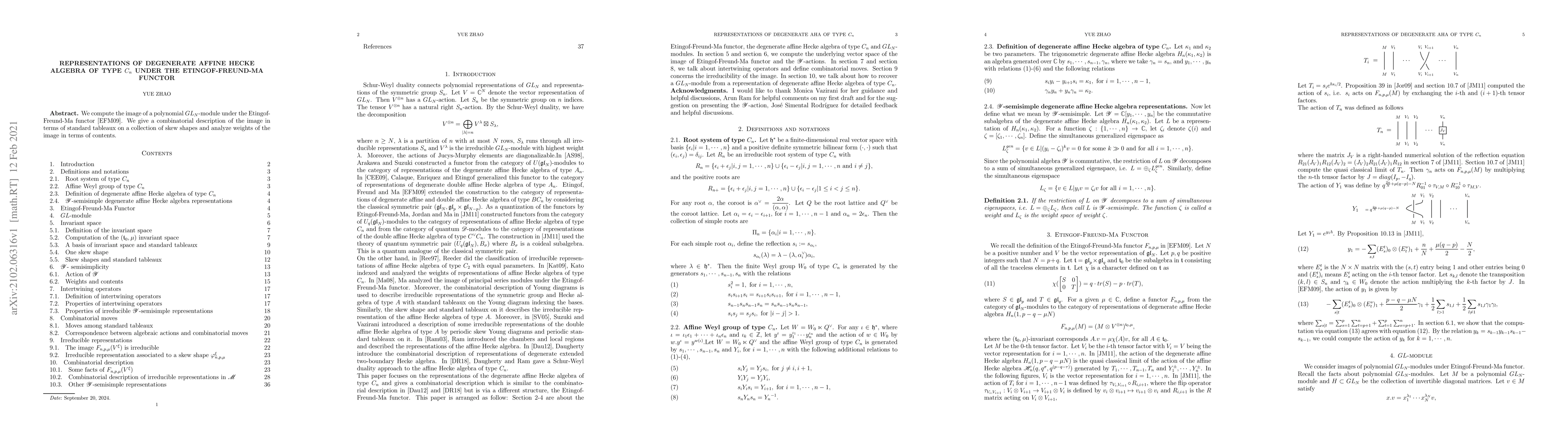 Thumbnail for Representations of Degenerate Affine Hecke Algebra of Type $C_n$ Under
  the Etingof-Freund-Ma Functor