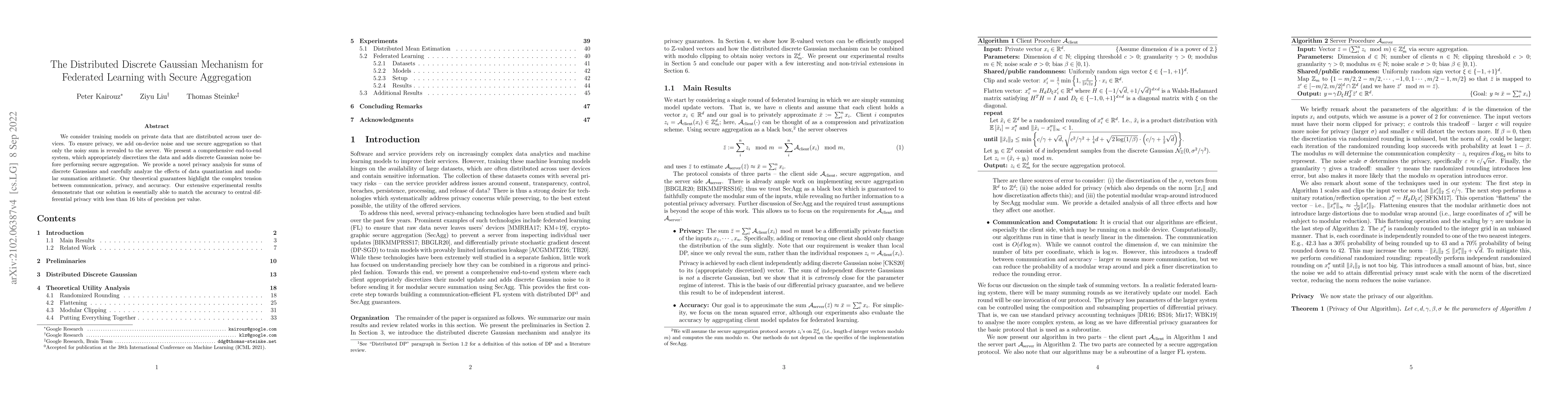 Thumbnail for The Distributed Discrete Gaussian Mechanism for Federated Learning with
  Secure Aggregation