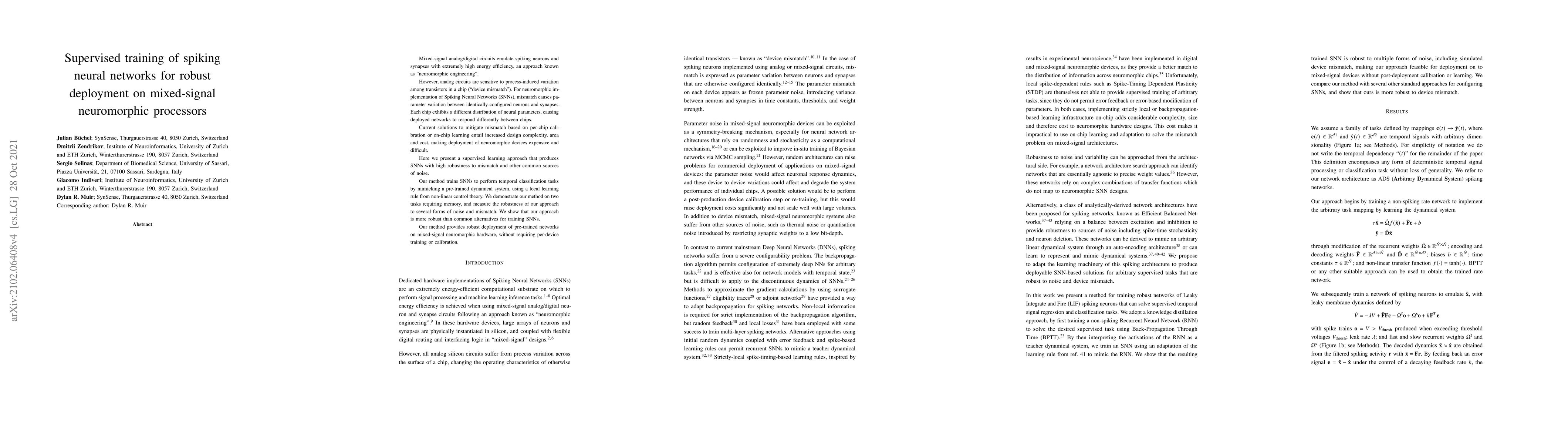 Thumbnail for Supervised training of spiking neural networks for robust deployment on
  mixed-signal neuromorphic processors
