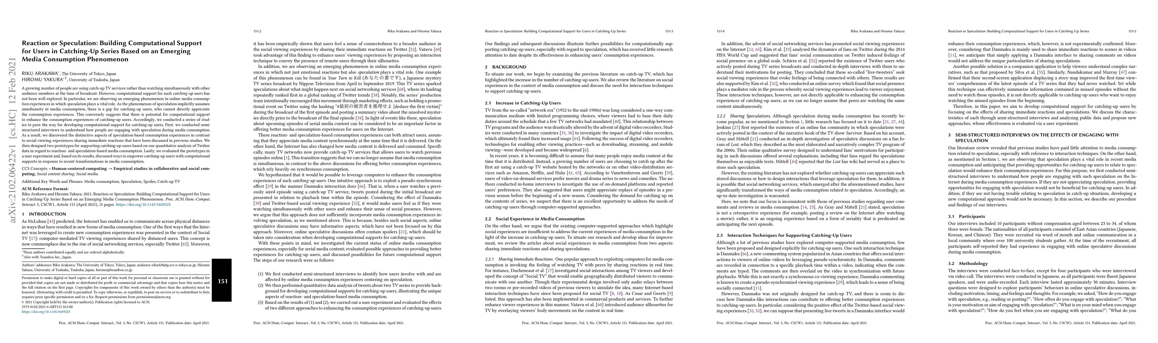 Thumbnail for Reaction or Speculation: Building Computational Support for Users in
  Catching-Up Series Based on an Emerging Media Consumption Phenomenon