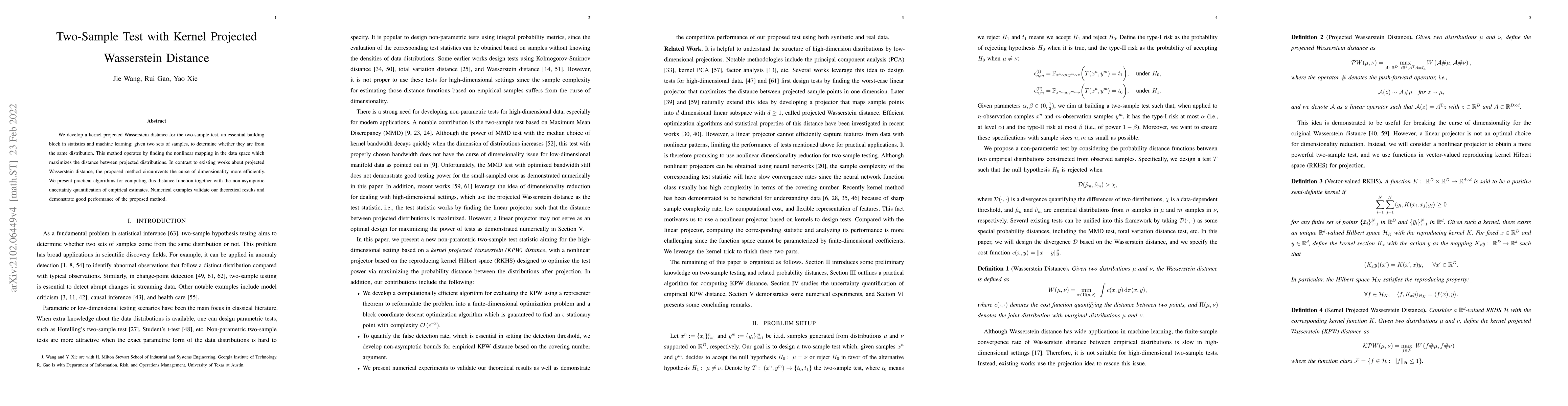 Thumbnail for Two-sample Test with Kernel Projected Wasserstein Distance