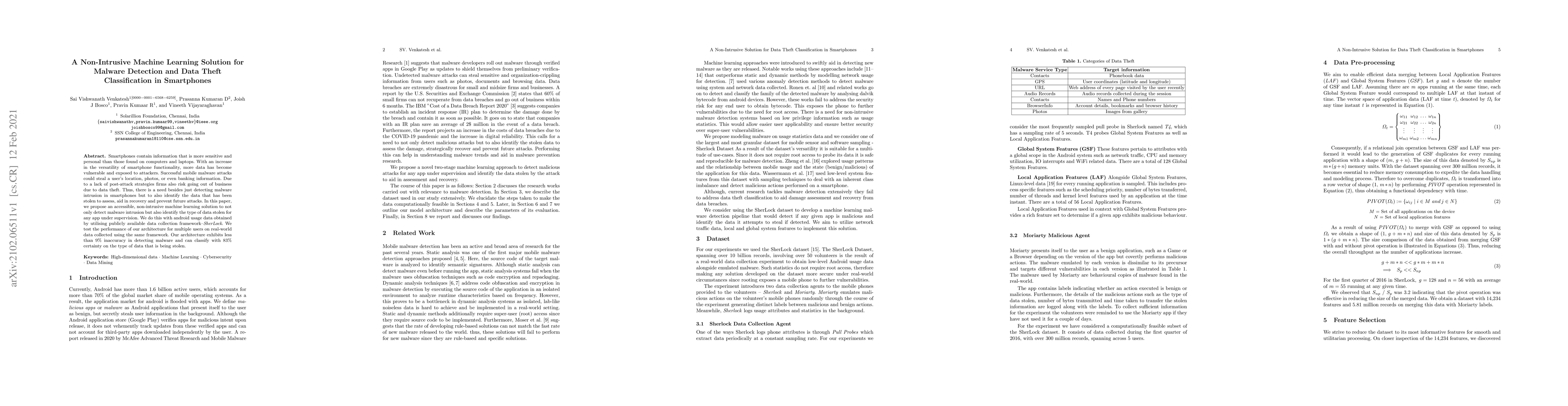 Thumbnail for A Non-Intrusive Machine Learning Solution for Malware Detection and Data
  Theft Classification in Smartphones