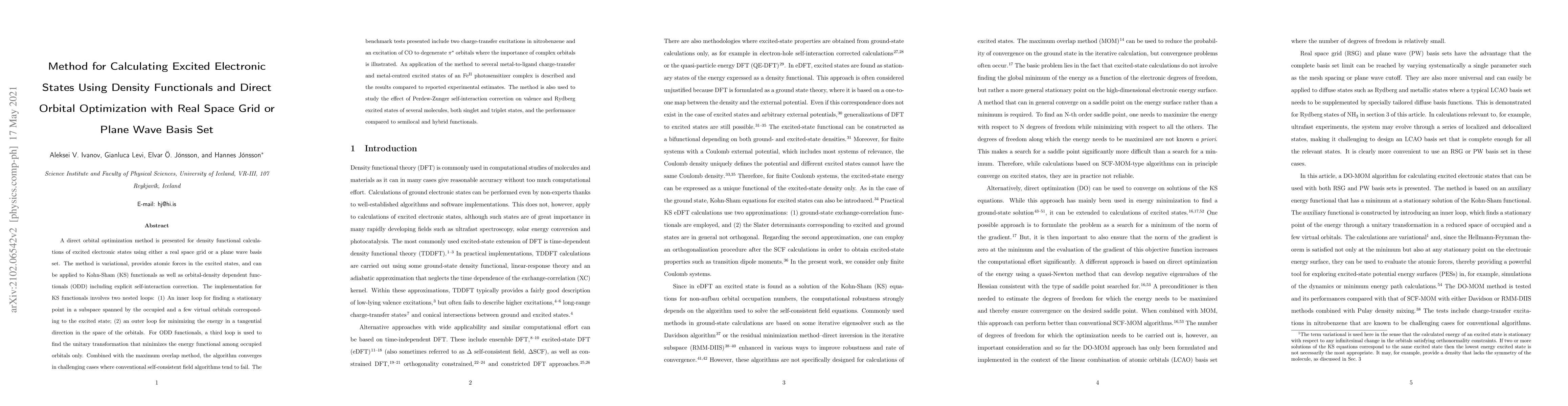 Thumbnail for Method for Calculating Excited Electronic States Using Density
  Functionals and Direct Orbital Optimization with Real Space Grid or Plane
  Wave Basis Set