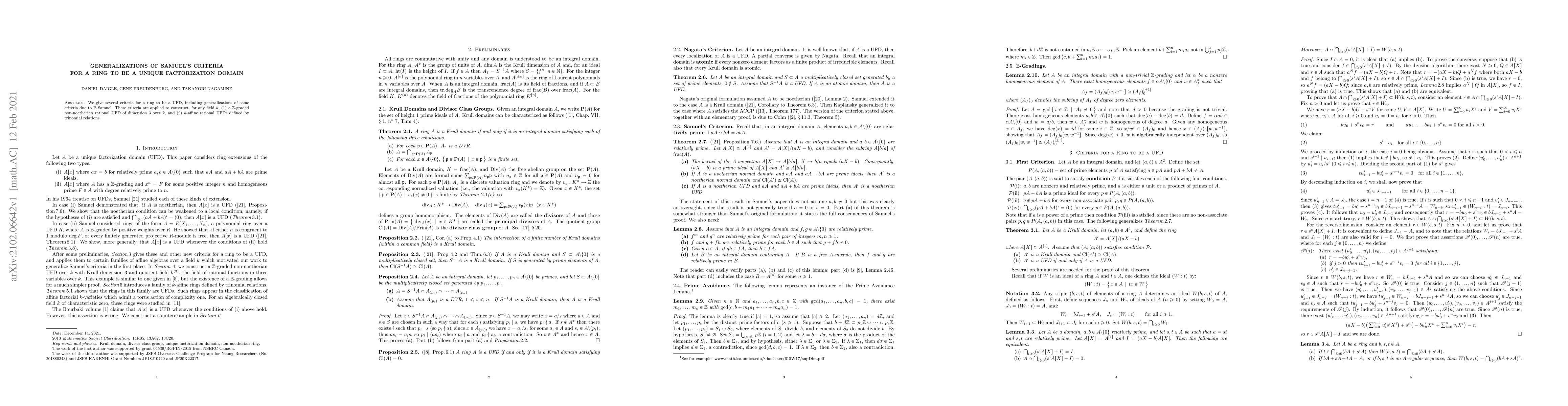 Thumbnail for Generalizations of Samuel's criteria for a ring to be a unique
  factorization domain