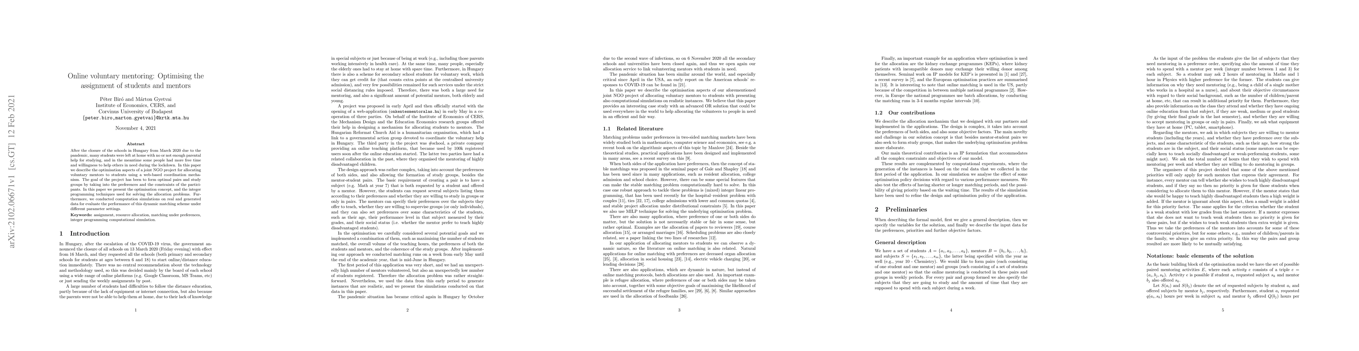 Thumbnail for Online voluntary mentoring: Optimising the assignment of students and
  mentors