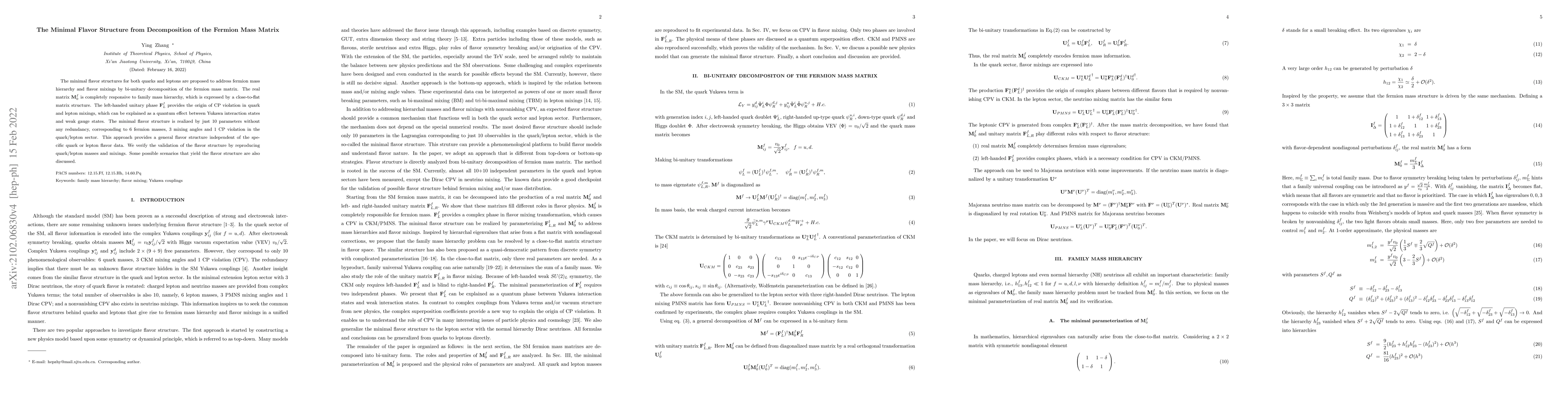 Thumbnail for The Minimal Flavor Structure from Decomposition of the Fermion Mass
  Matrix