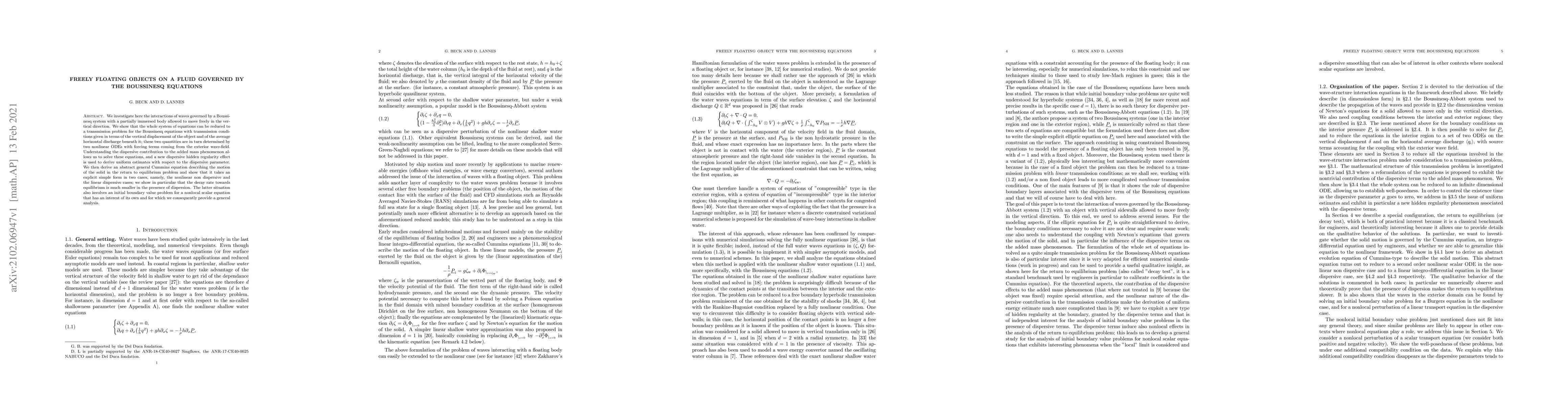 Thumbnail for Freely floating objects on a fluid governed by the Boussinesq equations
