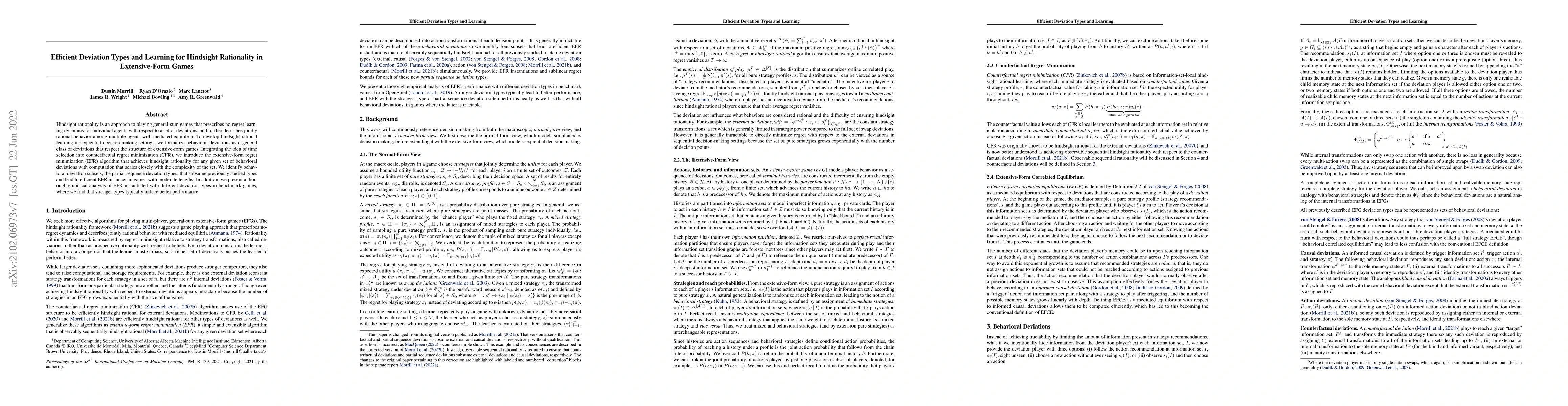 Thumbnail for Efficient Deviation Types and Learning for Hindsight Rationality in
  Extensive-Form Games