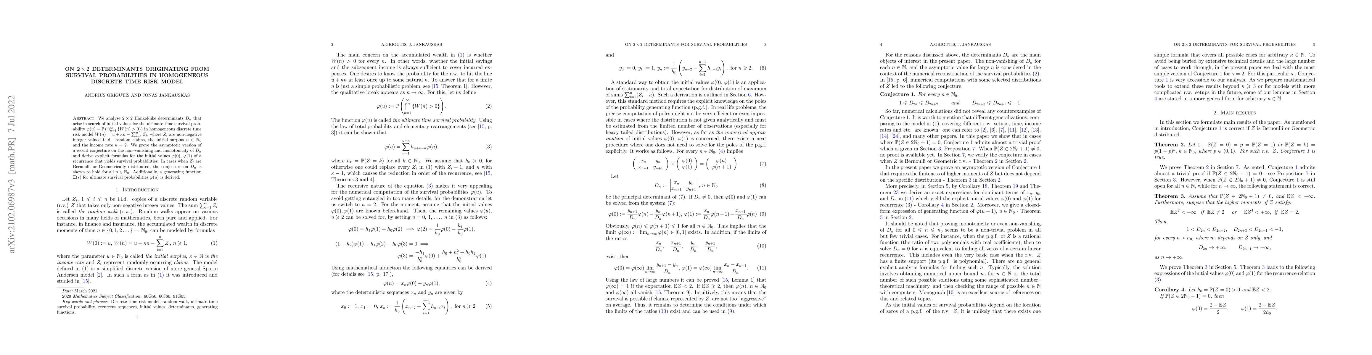 Thumbnail for On $\mathbf{2\times2}$ determinants originating from survival
  probabilities in homogeneous discrete time risk model