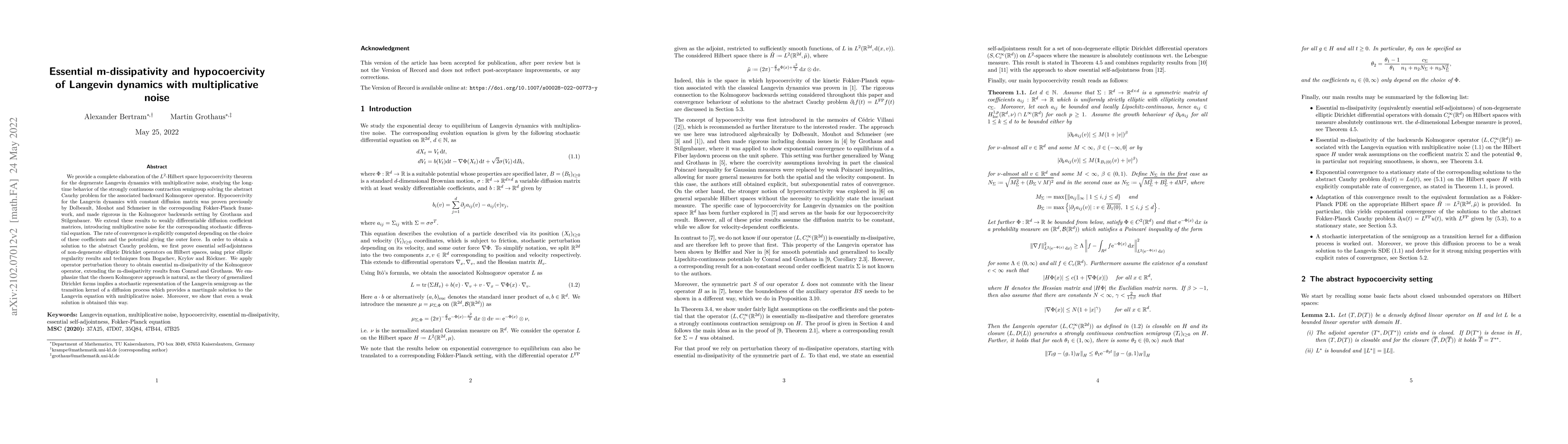 Thumbnail for Essential m-dissipativity and hypocoercivity of Langevin dynamics with
  multiplicative noise