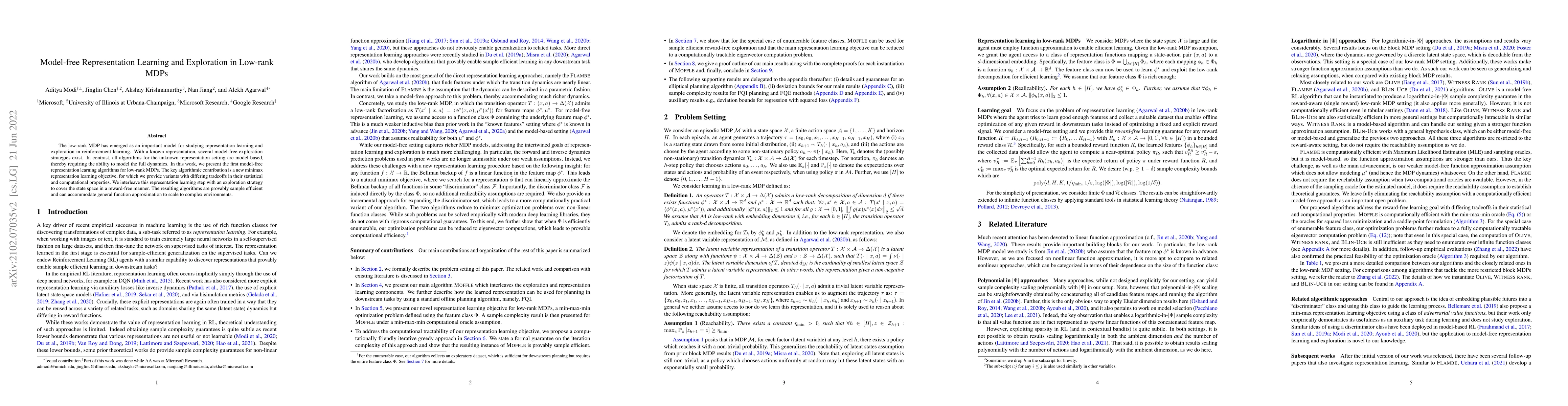 Thumbnail for Model-free Representation Learning and Exploration in Low-rank MDPs