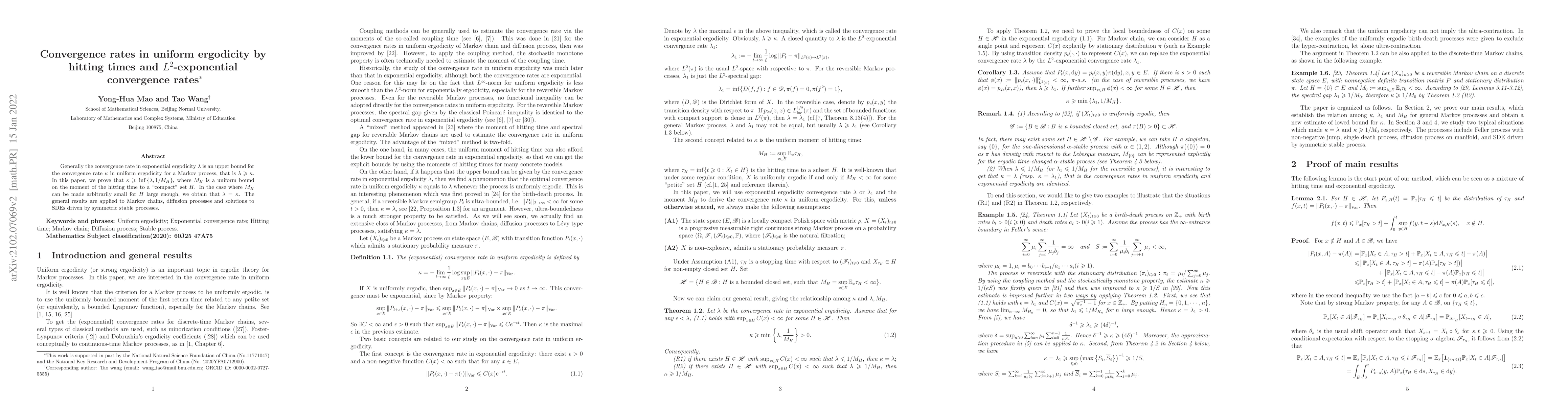 Thumbnail for Convergence Rates in Uniform Ergodicity by Hitting Times and
  $L^2$-exponential Convergence Rates