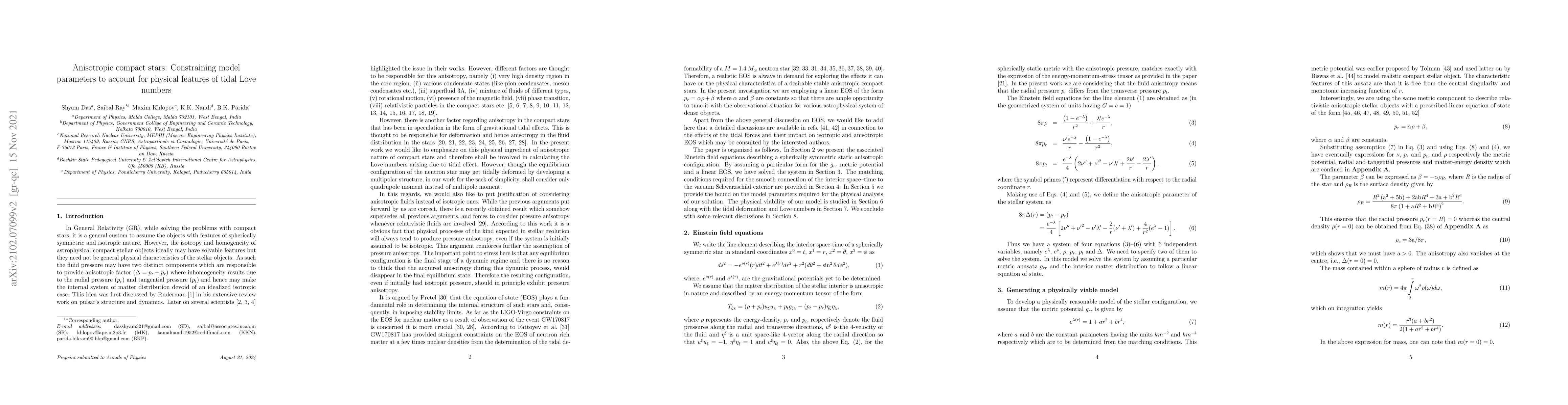 Thumbnail for Anisotropic compact stars: Constraining model parameters to account for
  physical features of tidal Love numbers