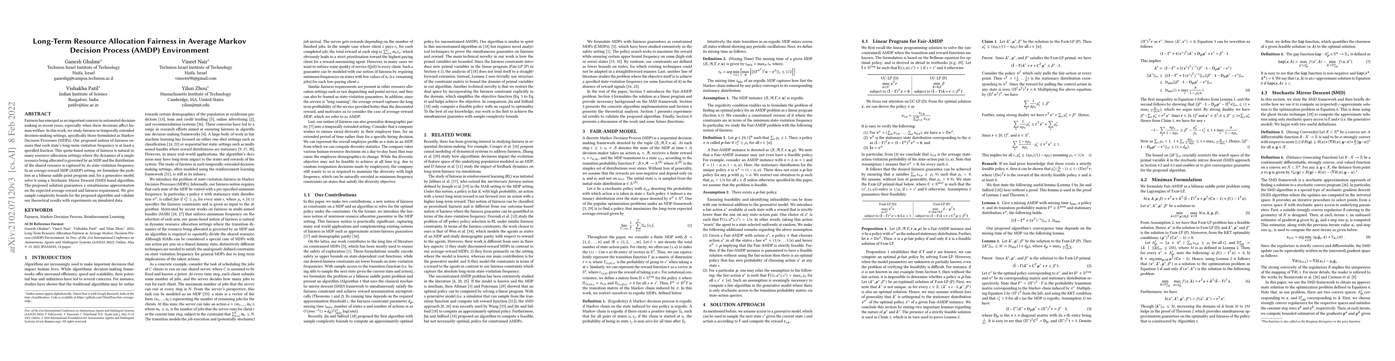 Thumbnail for Long-Term Resource Allocation Fairness in Average Markov Decision
  Process (AMDP) Environment