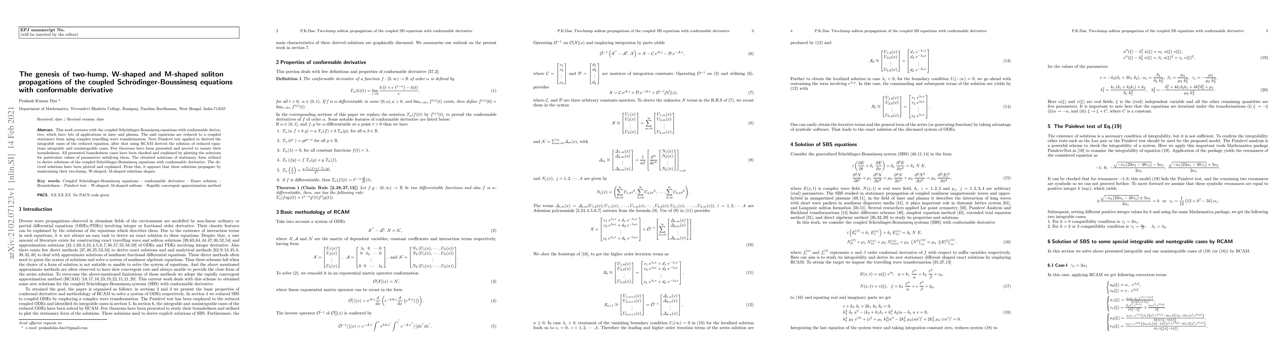 Thumbnail for The genesis of two-hump, W-shaped and M-shaped soliton propagations of
  the coupled Schr\"odinger-Boussinesq equations with conformable derivative