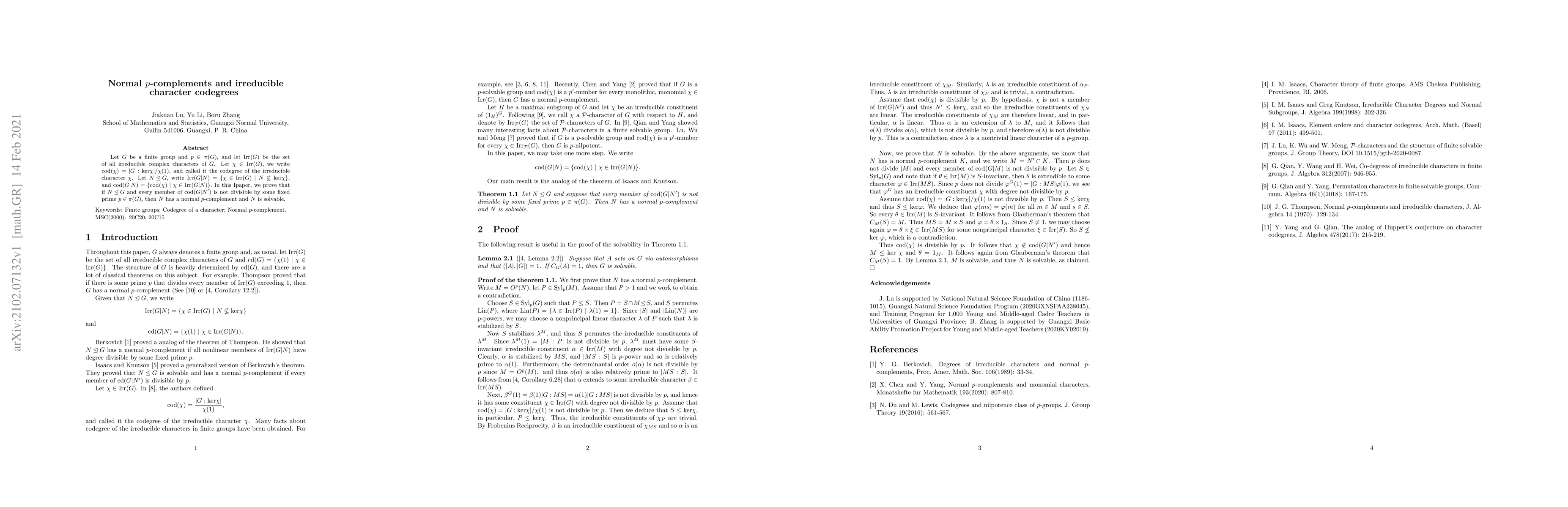 Thumbnail for Normal $p$-complements and irreducible character codegrees