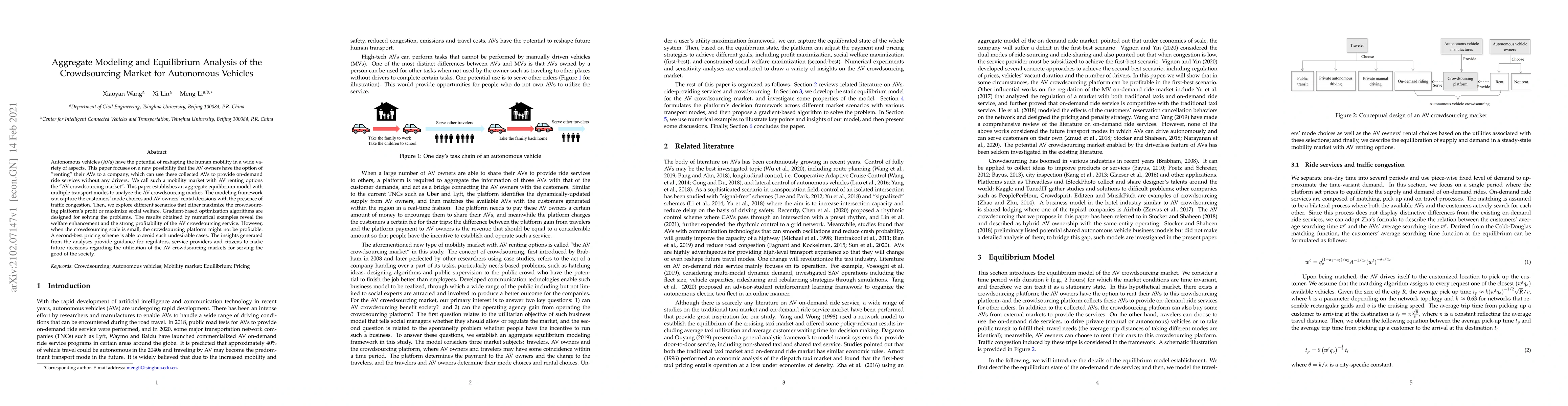 Thumbnail for Aggregate Modeling and Equilibrium Analysis of the Crowdsourcing Market
  for Autonomous Vehicles