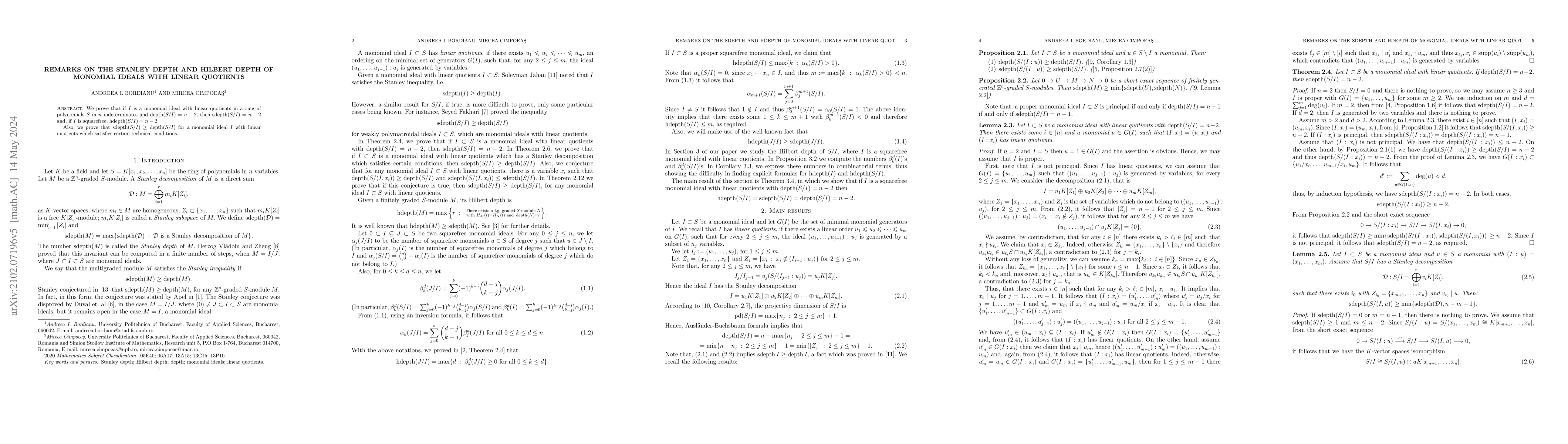 Thumbnail for Remarks on the Stanley depth and Hilbert depth of monomial ideals with
  linear quotients