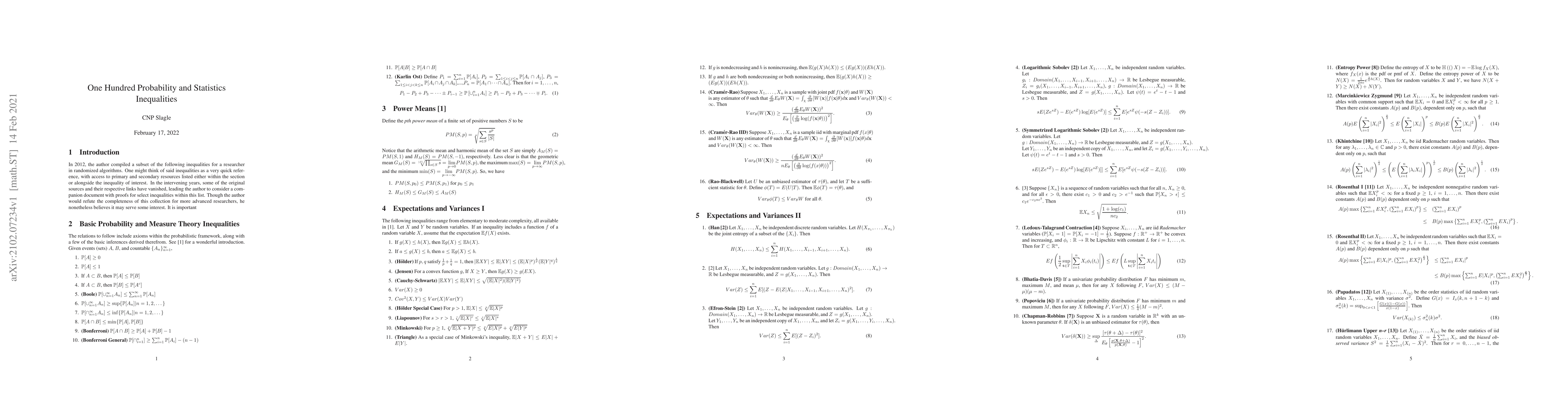 Thumbnail for One Hundred Probability and Statistics Inequalities