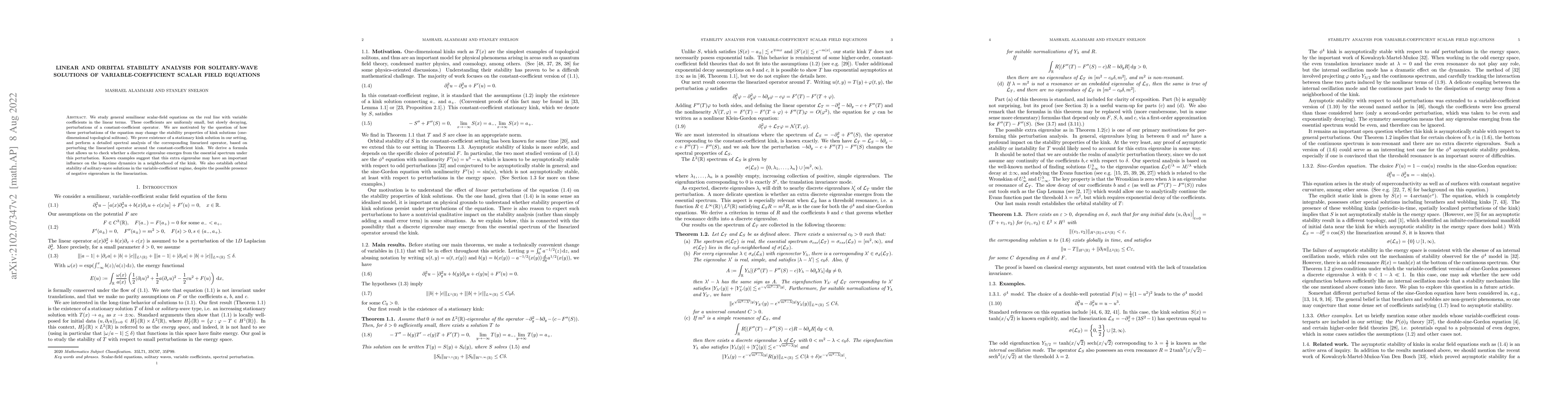 Thumbnail for Linear and orbital stability analysis for solitary-wave solutions of
  variable-coefficient scalar field equations