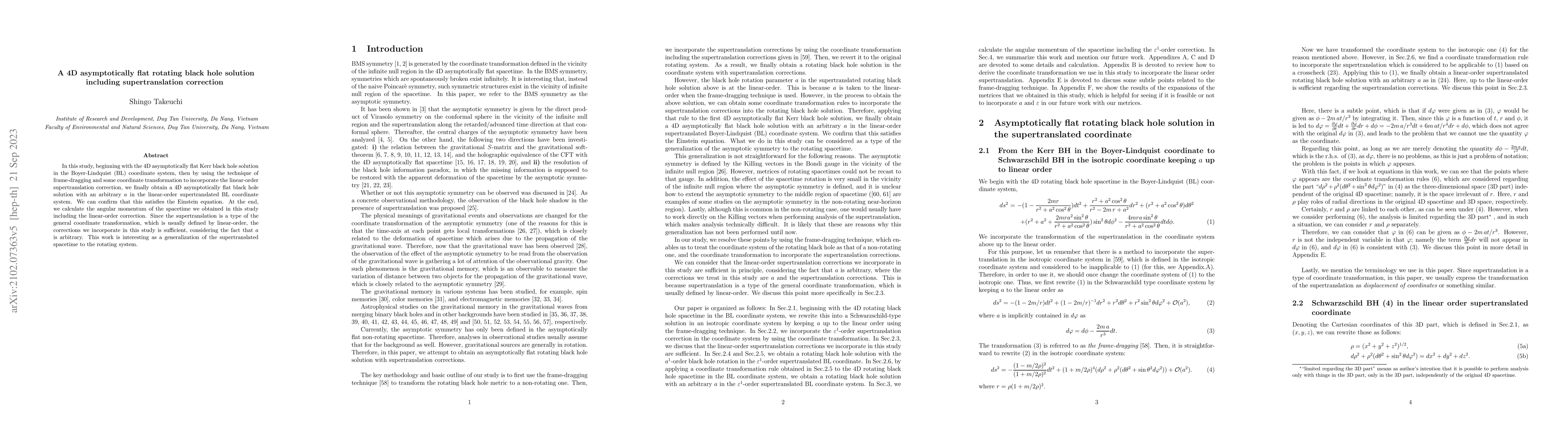 Thumbnail for A 4D asymptotically flat rotating black hole solution including
  supertraslation correction