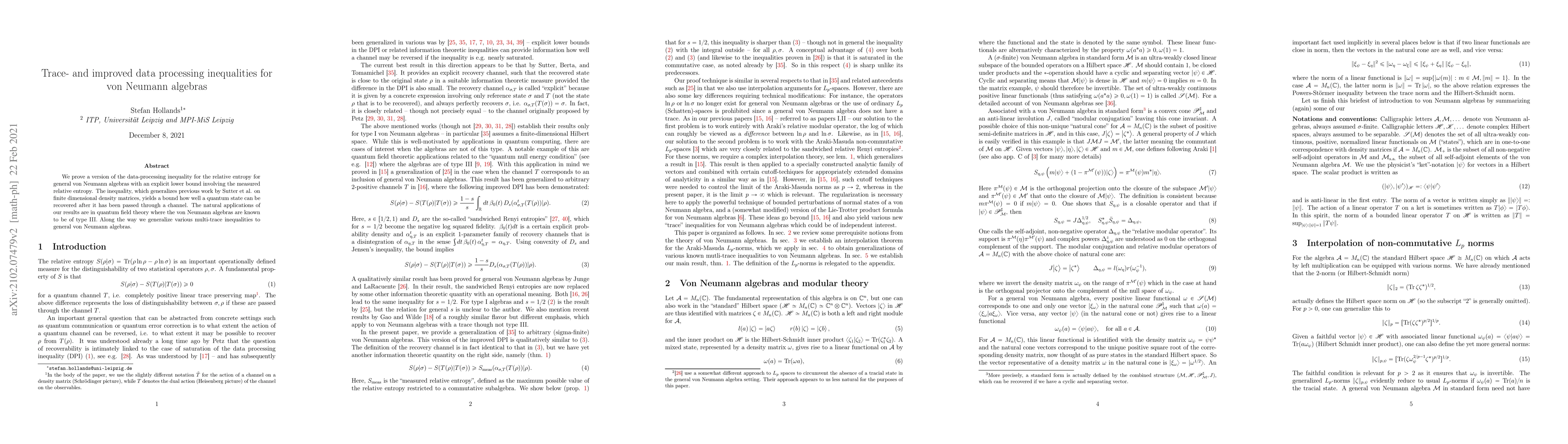 Thumbnail for Trace- and improved data processing inequalities for von Neumann
  algebras