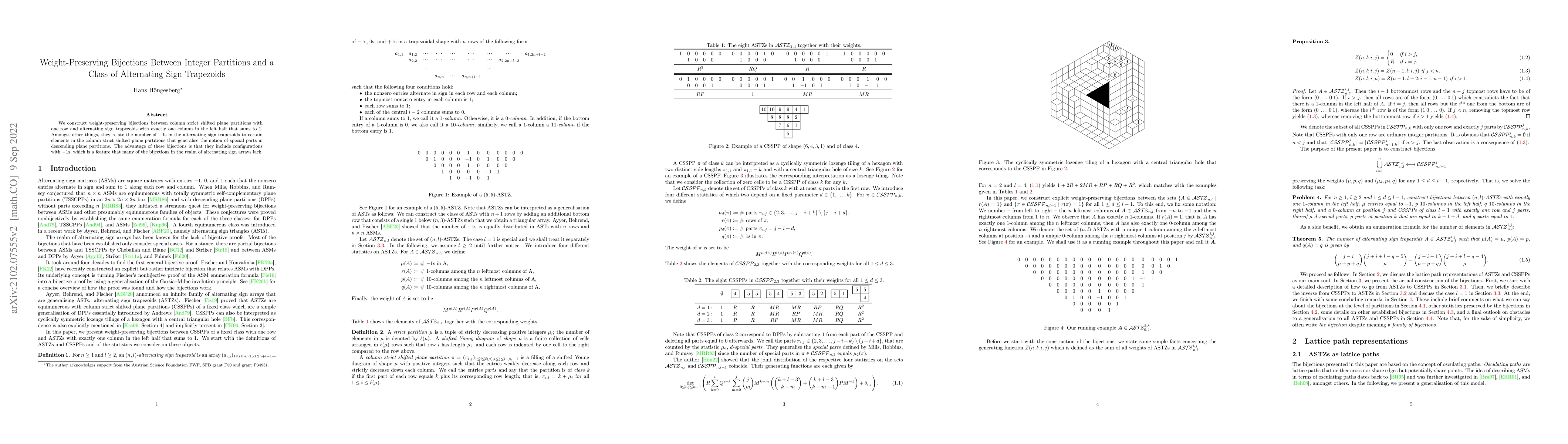 Thumbnail for Weight-preserving bijections between integer partitions and a class of
  alternating sign trapezoids