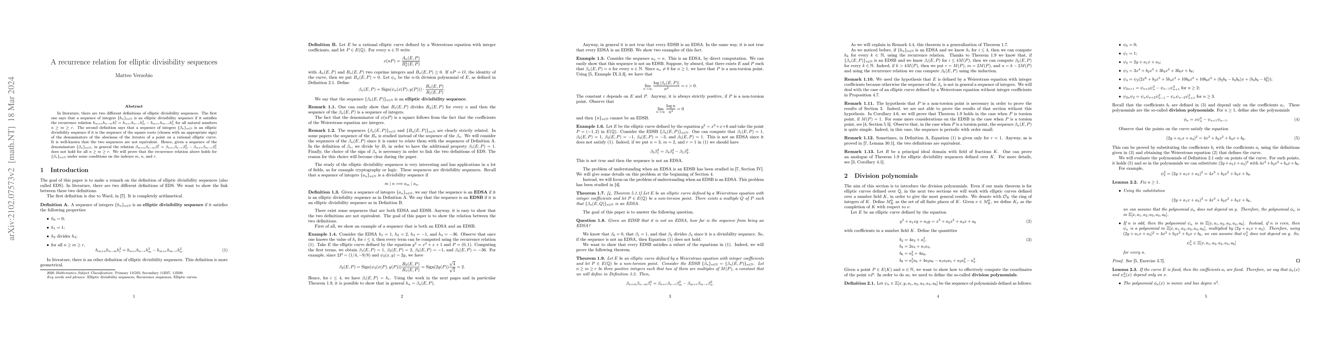 Thumbnail for A recurrence relation for elliptic divisibility sequences