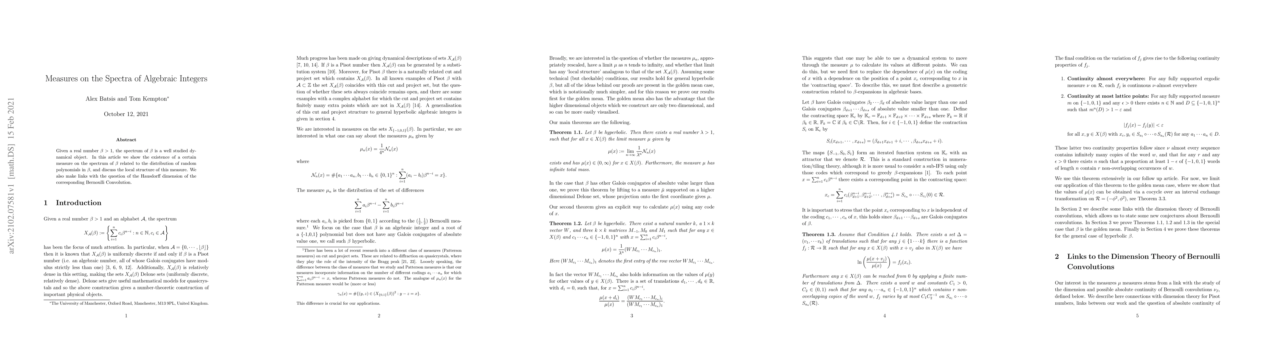 Thumbnail for Measures on the Spectra of Algebraic Integers