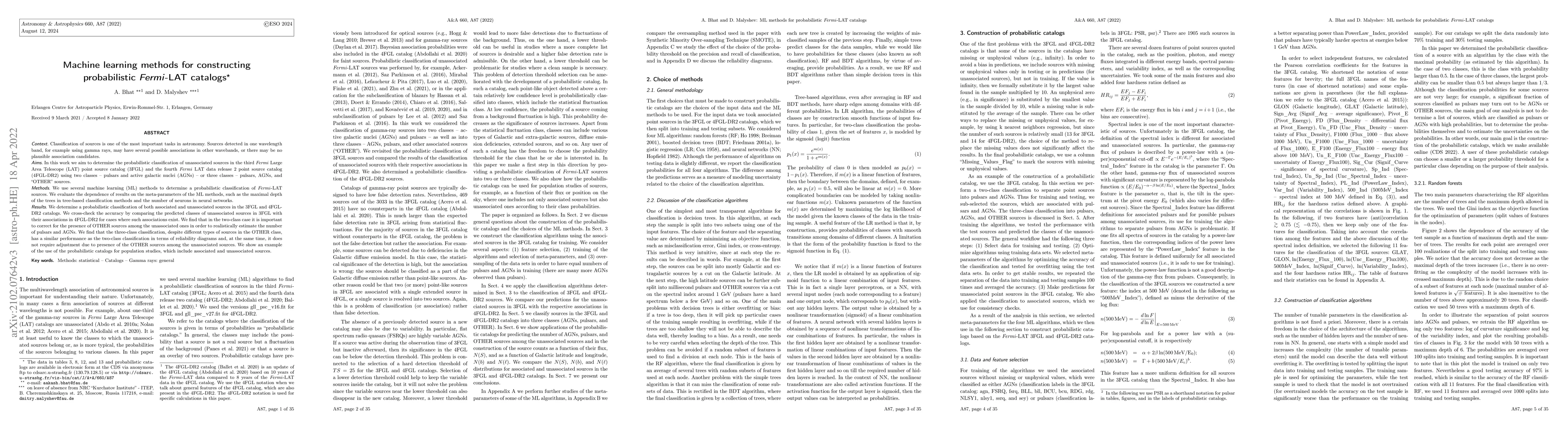Thumbnail for Machine learning methods for constructing probabilistic Fermi-LAT
  catalogs