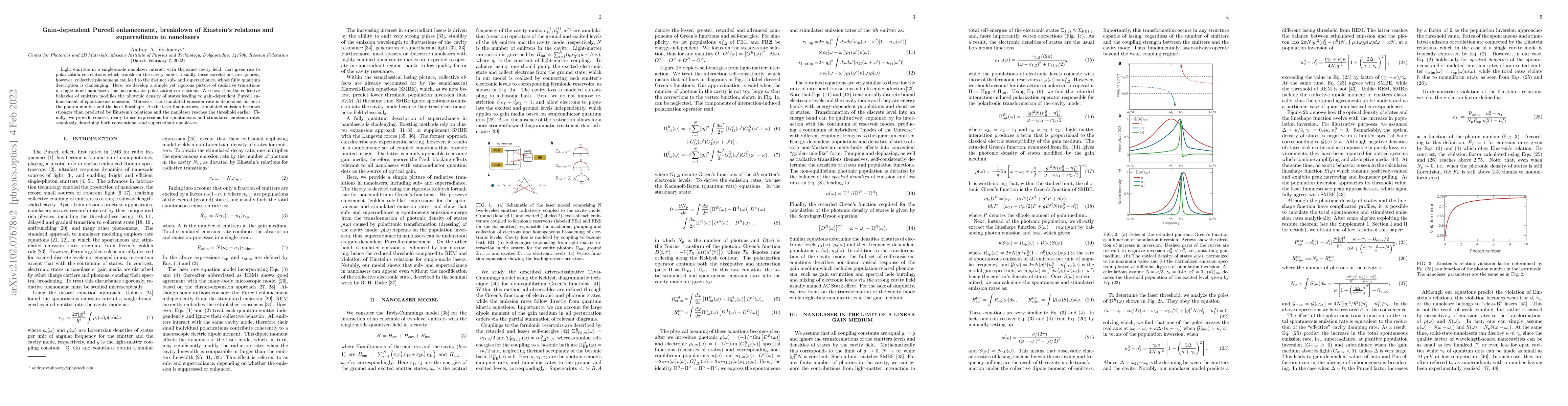 Thumbnail for Gain-dependent Purcell enhancement, breakdown of Einstein's relations
  and superradiance in nanolasers