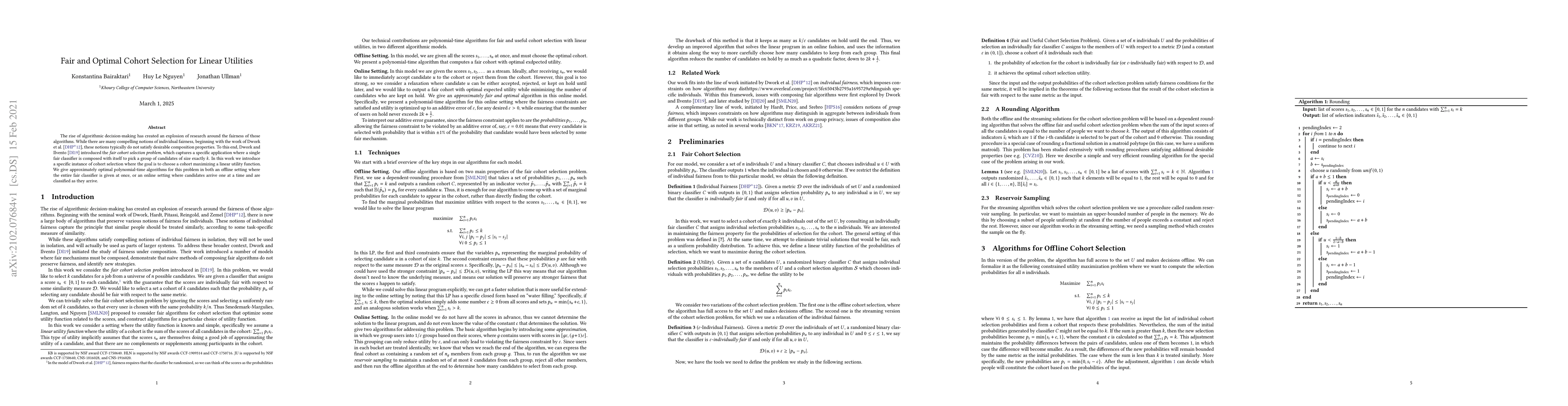 Thumbnail for Fair and Optimal Cohort Selection for Linear Utilities