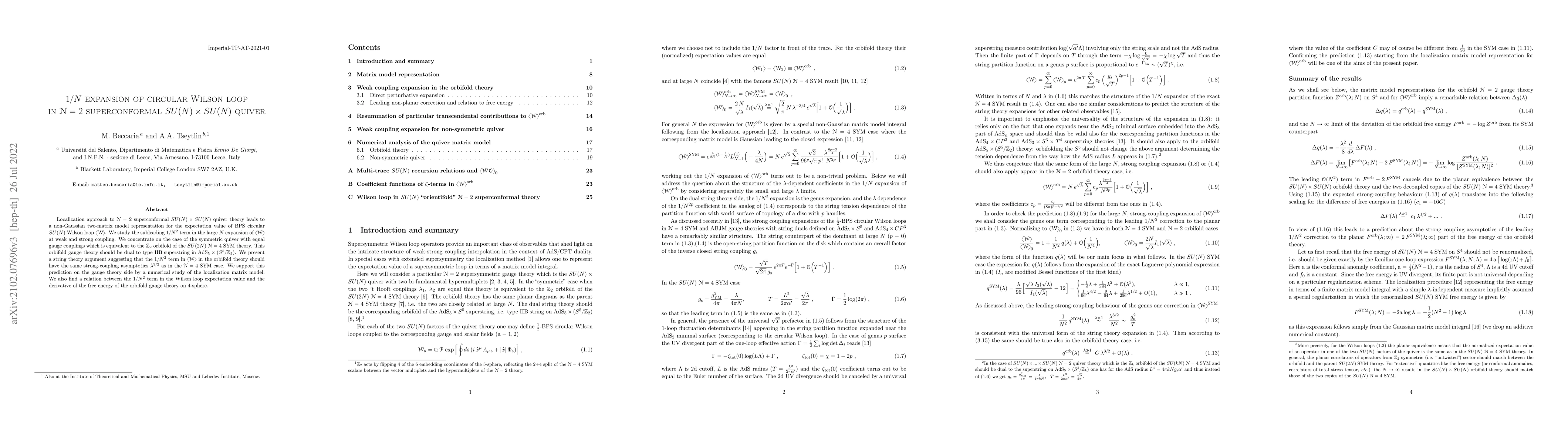 Thumbnail for $1/N$ expansion of circular Wilson loop in $\mathcal N=2$ superconformal
  $SU(N)\times SU(N)$ quiver