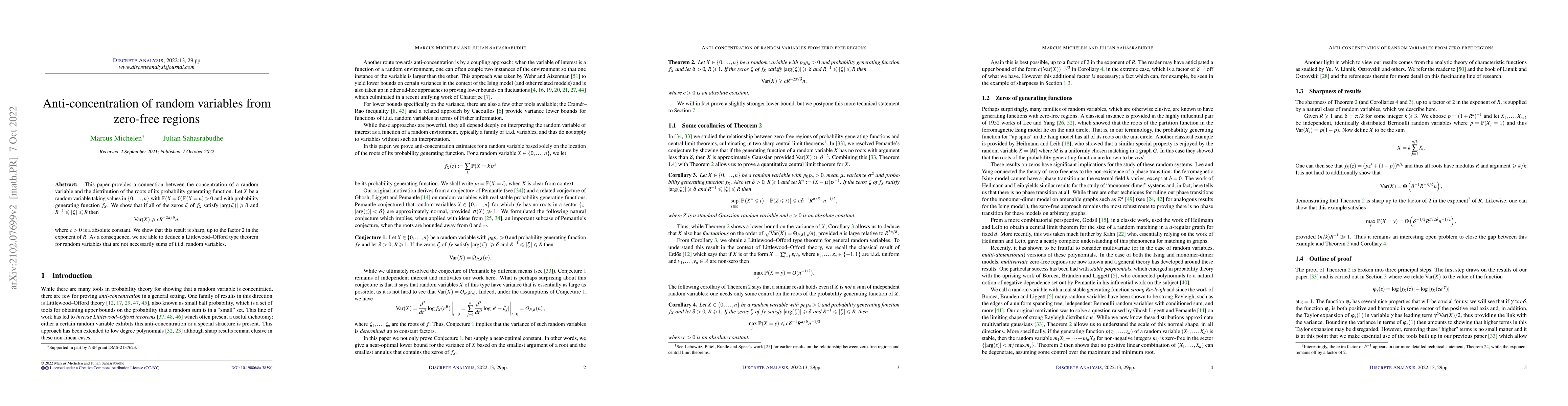 Thumbnail for Anti-concentration of random variables from zero-free regions