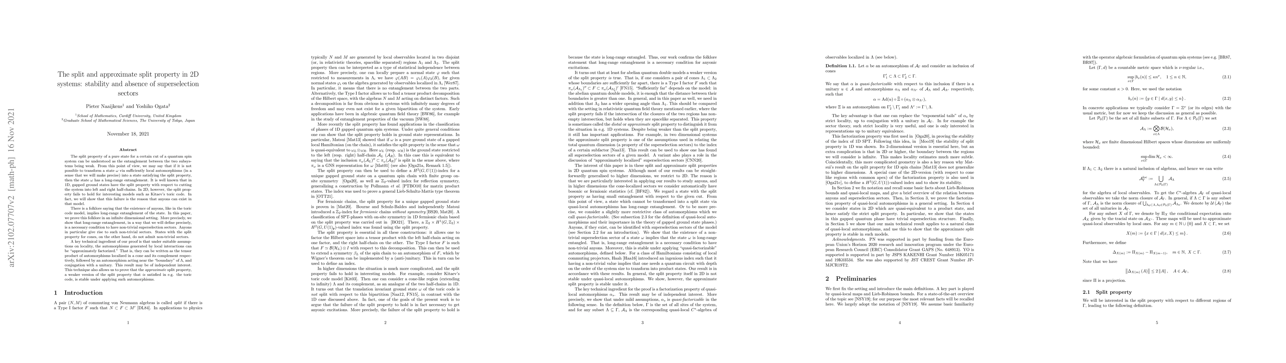 Thumbnail for The split and approximate split property in 2D systems: stability and
  absence of superselection sectors