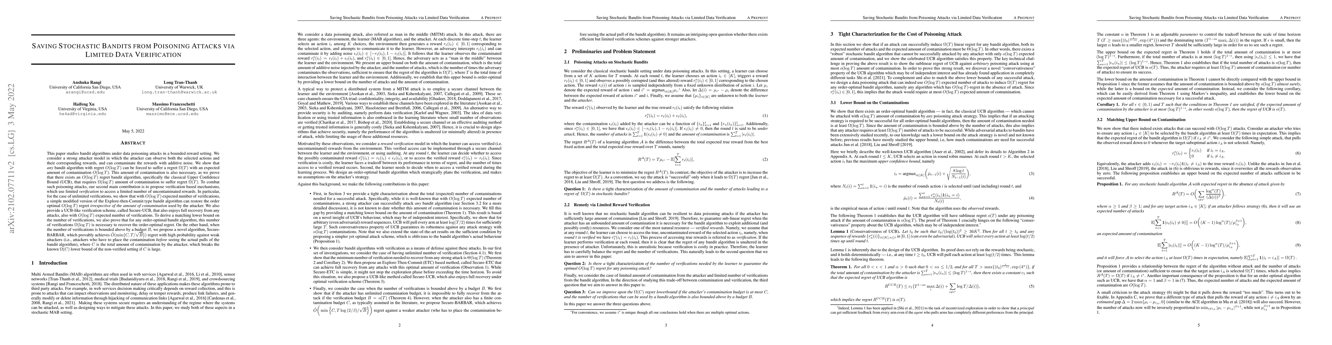 Thumbnail for Saving Stochastic Bandits from Poisoning Attacks via Limited Data
  Verification