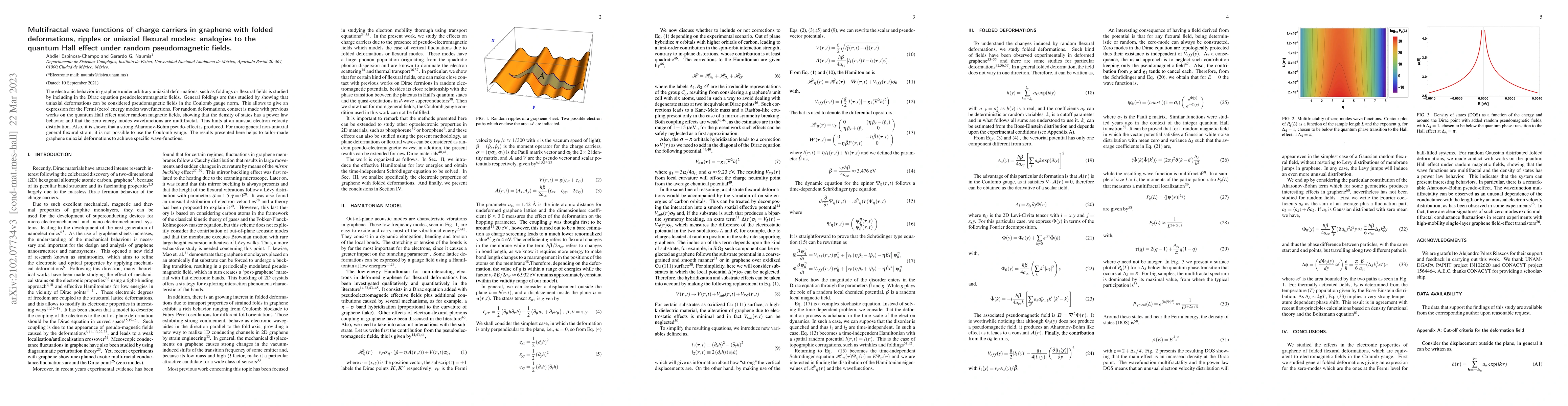 Thumbnail for Multifractal wave functions of charge carriers in graphene with folded
  deformations, ripples or uniaxial flexural modes: analogies to the quantum
  Hall effect under random pseudomagnetic fields