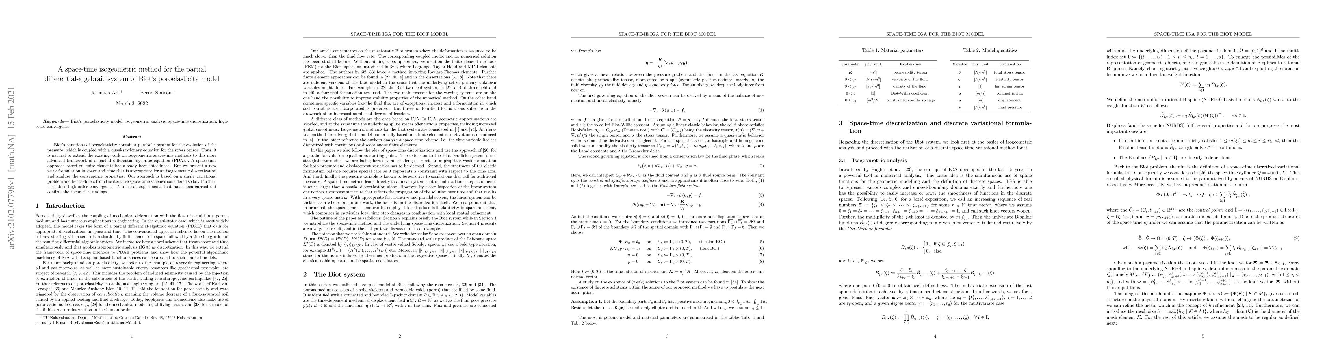 Thumbnail for A space-time isogeometric method for the partial differential-algebraic
  system of Biot's poroelasticity model