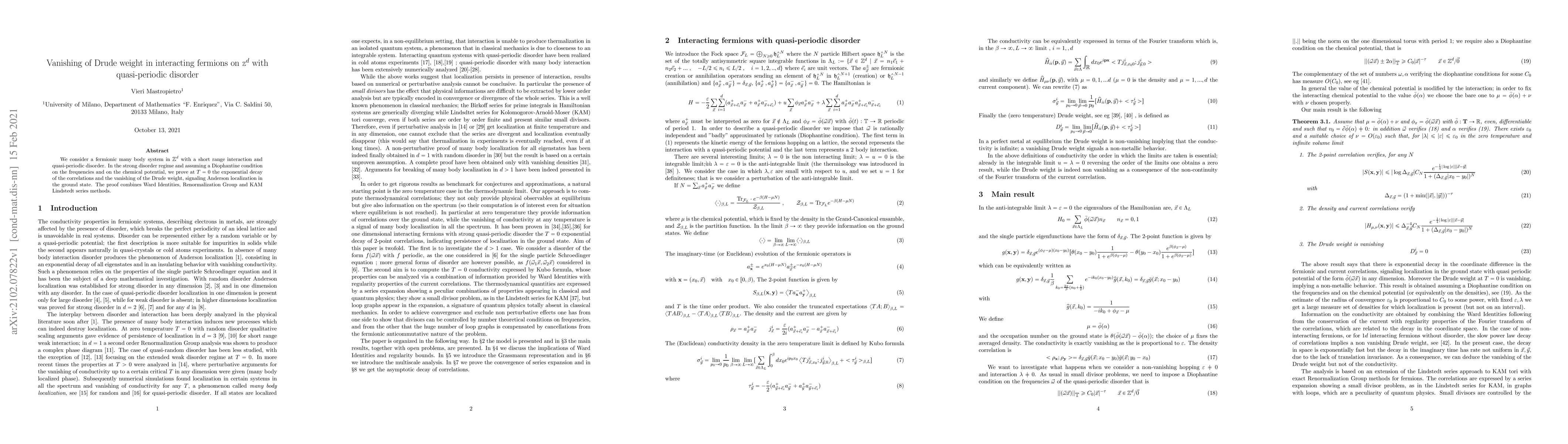 Thumbnail for Vanishing of Drude weight in interacting fermions on Zd with
  quasi-periodic disorder