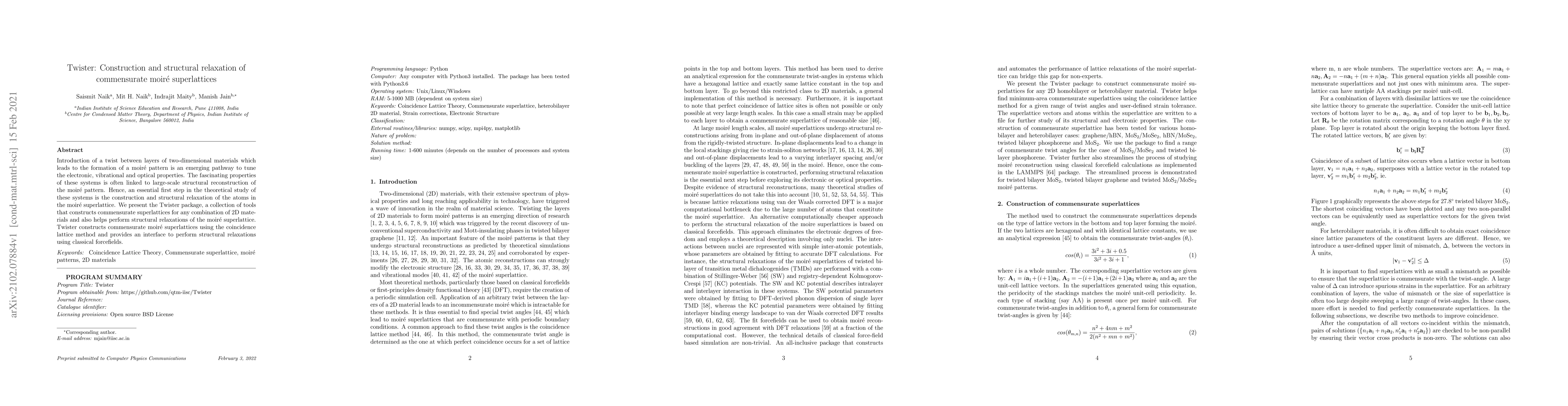 Thumbnail for Twister: Construction and structural relaxation of commensurate moir\'e
  superlattices