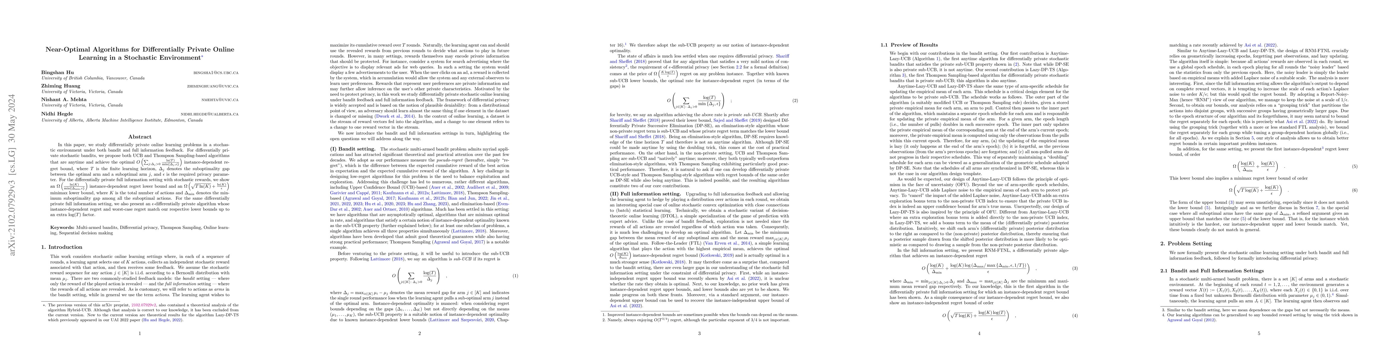 Thumbnail for Near-Optimal Algorithms for Differentially Private Online Learning in a
  Stochastic Environment