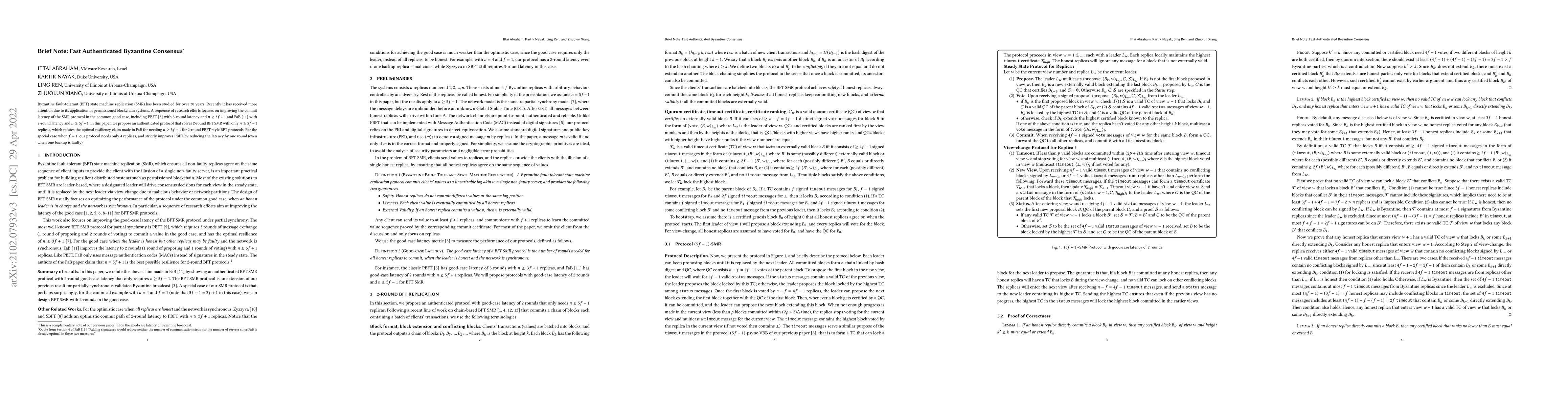Thumbnail for Brief Note: Fast Authenticated Byzantine Consensus