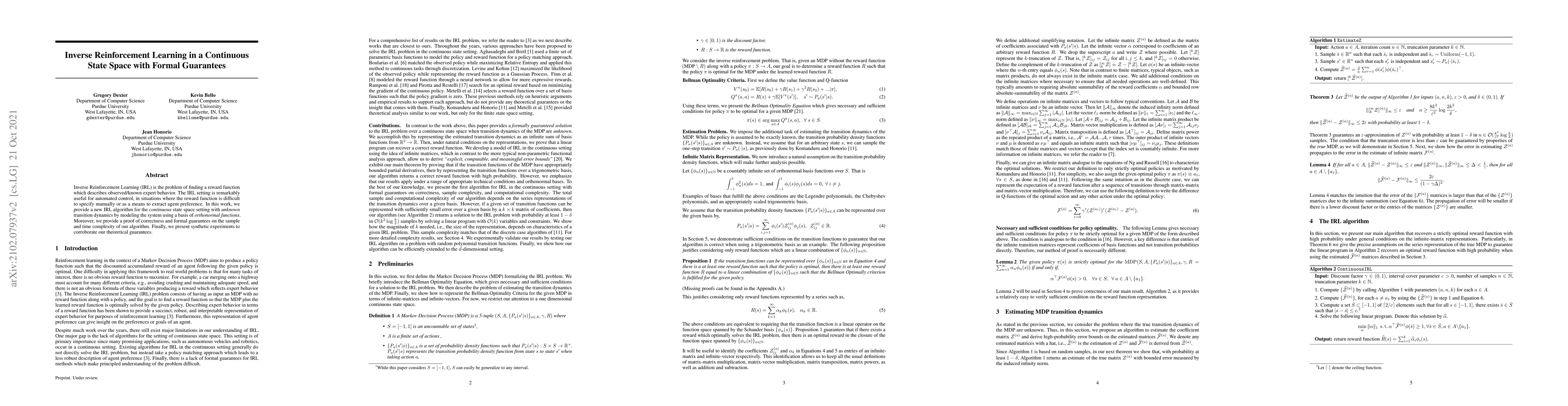 Thumbnail for Inverse Reinforcement Learning in a Continuous State Space with Formal
  Guarantees