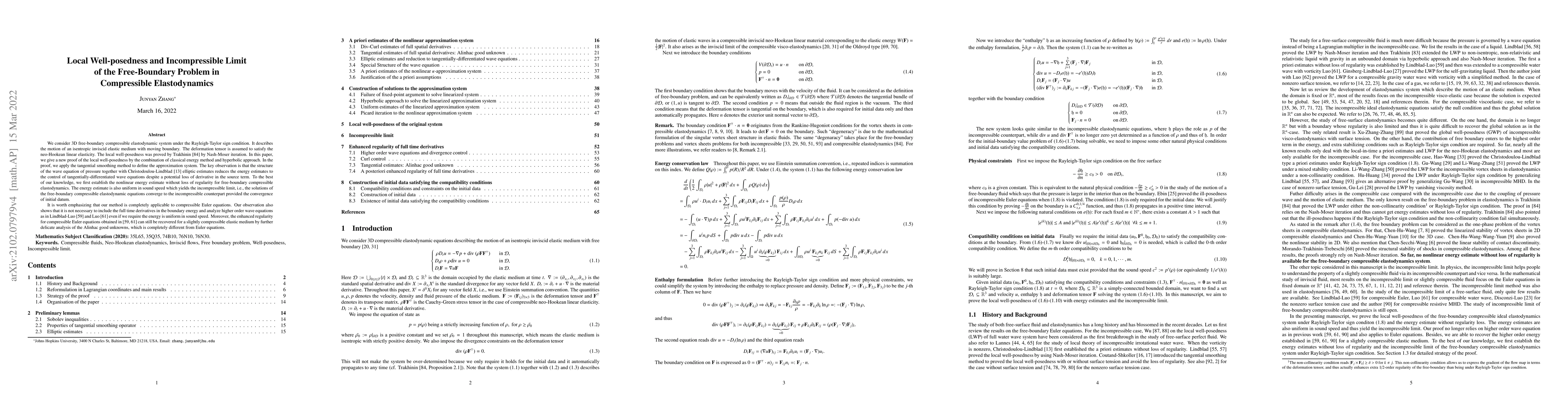 Thumbnail for Local Well-posedness and Incompressible Limit of the Free-Boundary
  Problem in Compressible Elastodynamics
