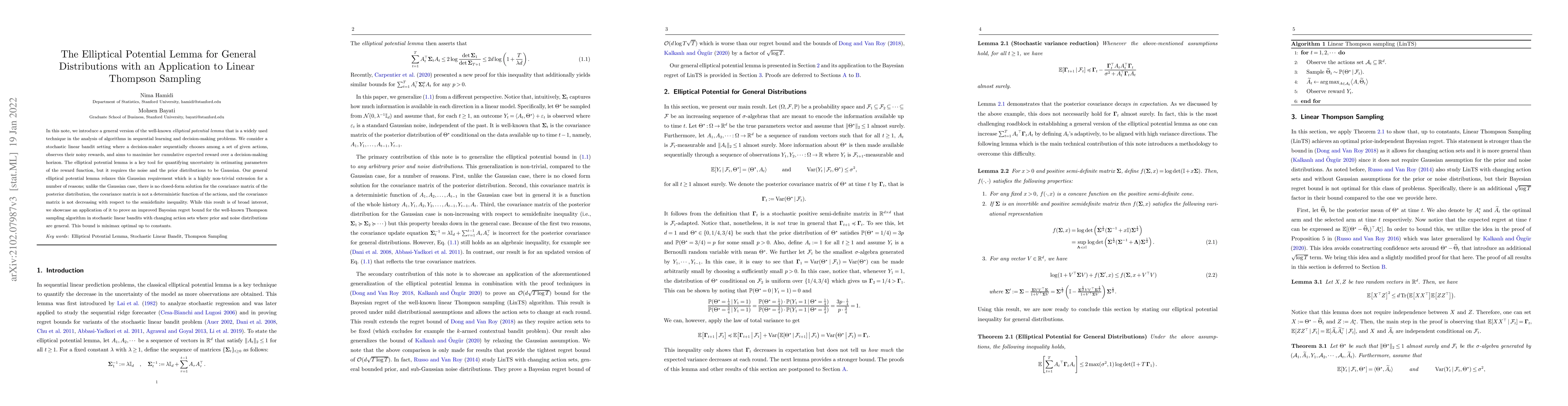 Thumbnail for The Elliptical Potential Lemma for General Distributions with an
  Application to Linear Thompson Sampling
