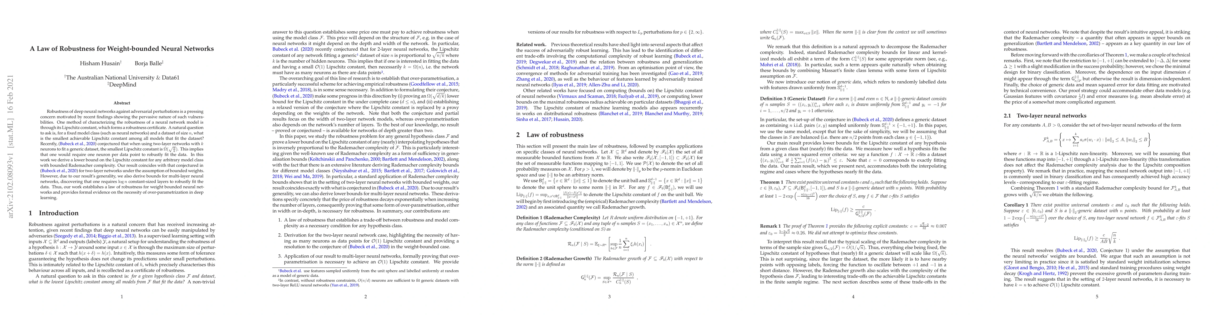Thumbnail for A Law of Robustness for Weight-bounded Neural Networks